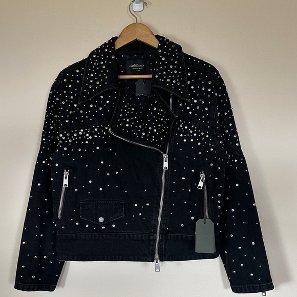 Allsaints Eve Studded Denim Biker Jacket in Washed Black Size 12 - Picture 4 of 11